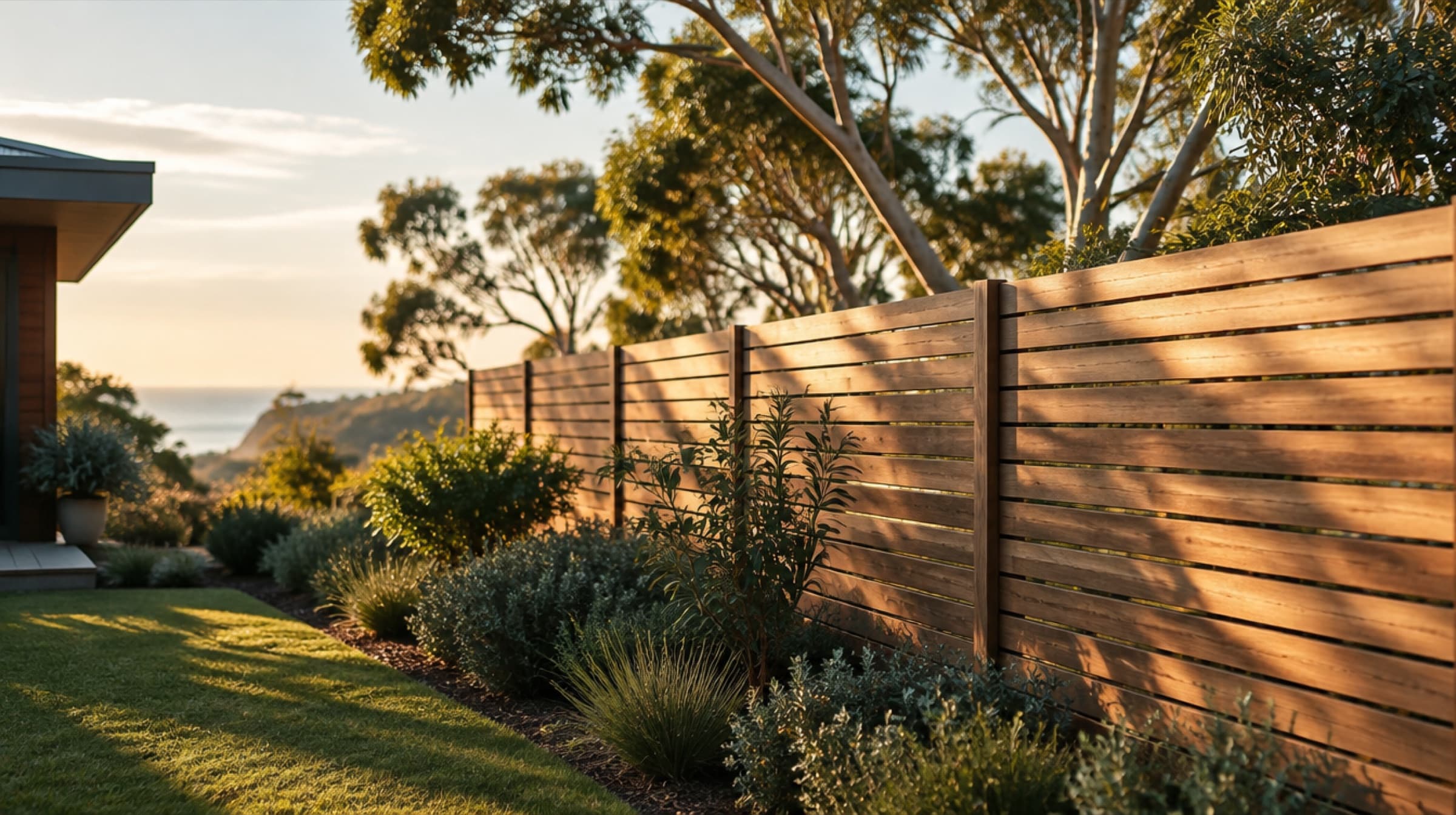 Horizontal timber slat fence beside a native garden in late-afternoon light.