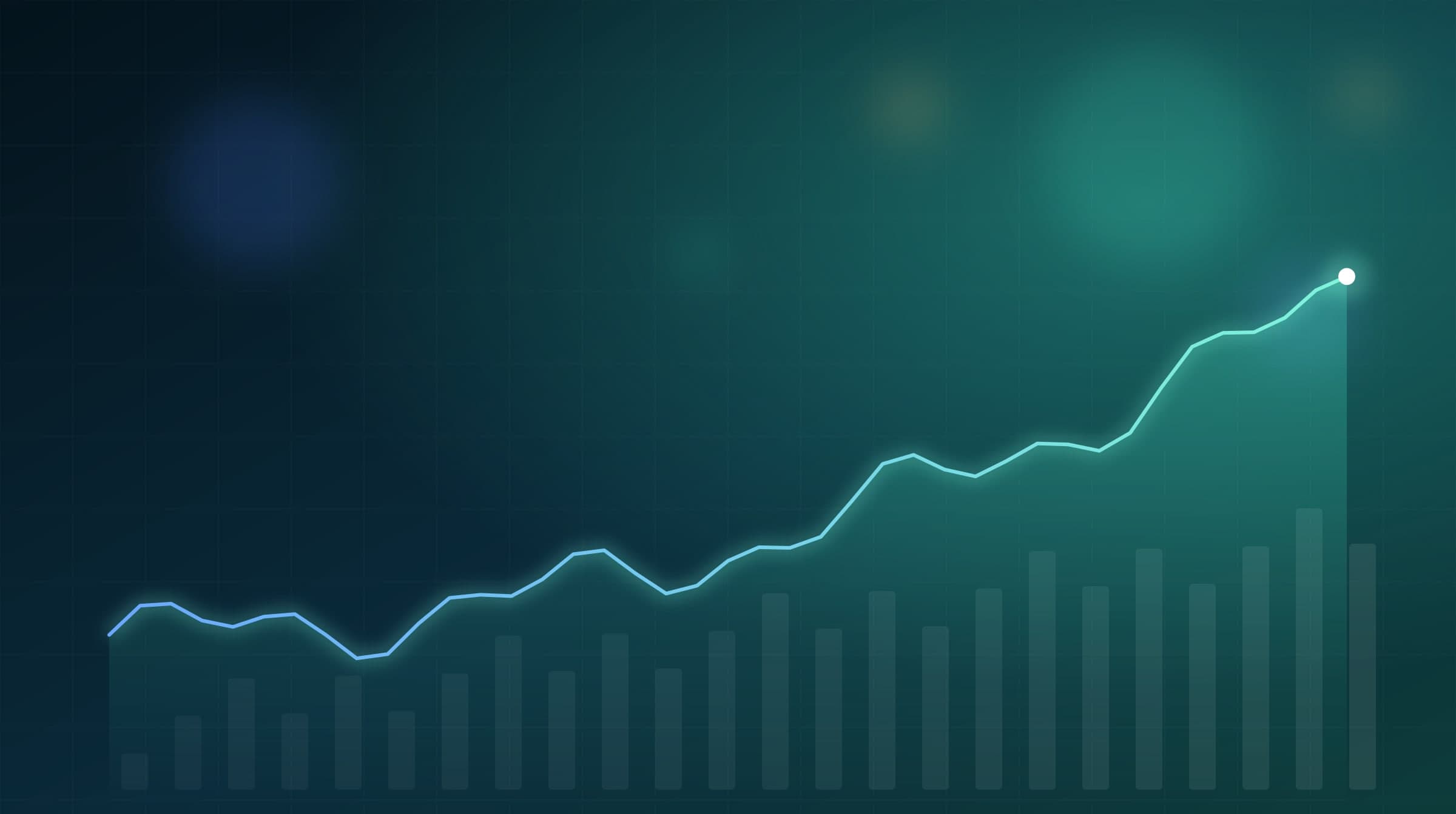 Abstract teal chart with a glowing line rising from left to right over faint bars.