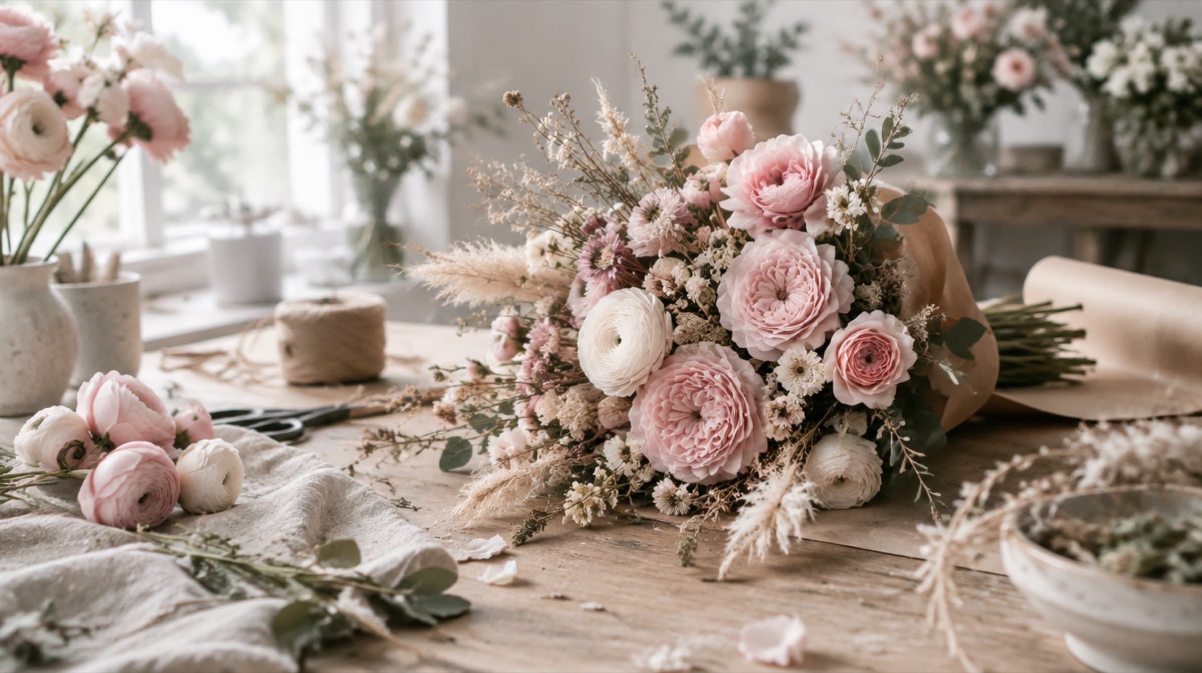Pink garden roses, ranunculus and dried grasses being wrapped in kraft paper on a florist's workbench.